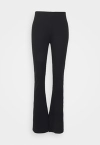 Zwarte flared broek met een aansluitende taille, gemaakt van een stretchy brei-stof, met een gladde textuur en zonder zichtbare sluitingen.