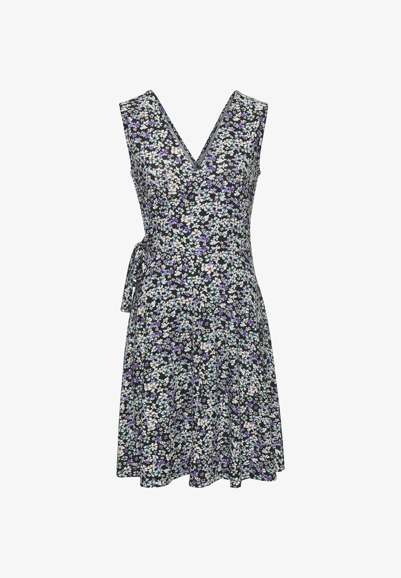 Cvečničasta obleka z črnim ozadjem, ki vsebuje majhne vijolične, modre in bele cvetlice. Oblika v obliki črke V in stranski vozel. Kratek, razširjen kroj.