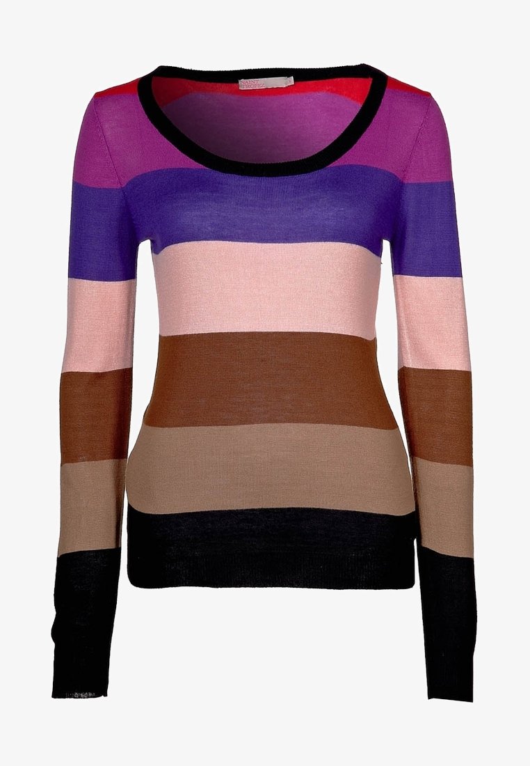 Pull en maille à manches longues avec des rayures horizontales rouges, violettes, roses, brunes, beiges et noires, doté d'un col rond noir.