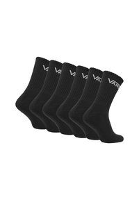 Sechs Paar schwarze Socken mit gerippten Bündchen. Jede Socke hat ein weißes Logo nahe der Oberkante. Das Material scheint weich mit einer glatten Textur zu sein.