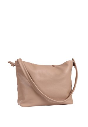 Soft beige leather shoulder bag with a long strap and a simple, slightly slouched rectangular shape.