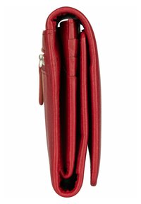 Red leather wallet shown from the side, featuring a slim profile, smooth texture, and multiple compartments for organization.