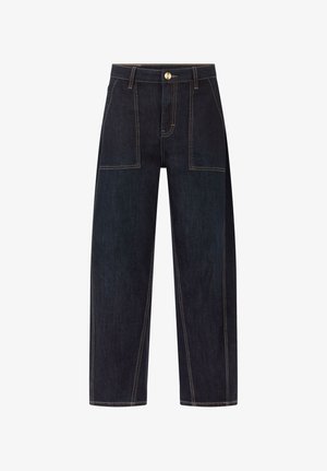 Dunkelblaue gerade geschnittene Jeans aus Denim mit vorderen aufgesetzten Taschen, kontrastfarbigen Nähten, Gürtelschlaufen und Knopfverschluss an der Taille.