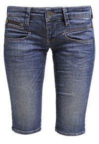 Modré riflové bermudy s kapsou na zip, celkem pět kapes a rovný střih s viditelnými švy.