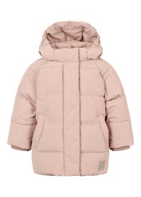Lyserosa puffy vinterjakke med hette, quiltet design, sidelommer og ribbestrikkede mansjetter, laget av mykt syntetisk materiale.