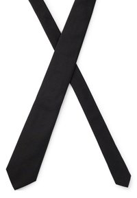 Black tie displayed in an "X" shape, made of smooth fabric with a subtle textured pattern. Features a pointed end and a flat silhouette.