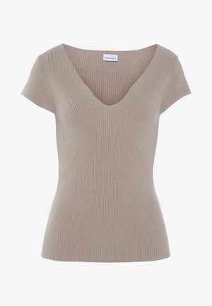 Beige gerippte Kurzarmbluse mit einem V-Ausschnitt. Mit strukturiertem Stoff und eng anliegendem Schnitt mit seitlichen Details. Beschriftet mit LASCANA.