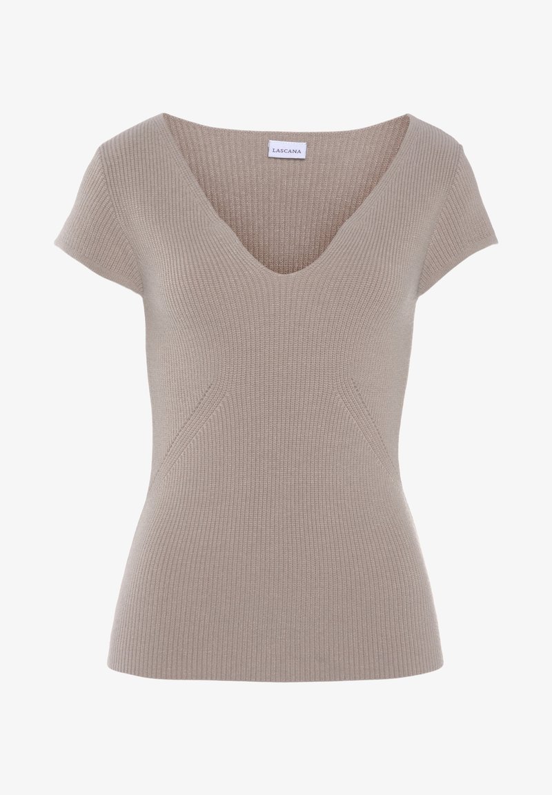 Beige ribbet bluse med korte ærmer og V-hals. Har tekstureret stof og tætsiddende pasform med sideløsning. Mærket LASCANA.