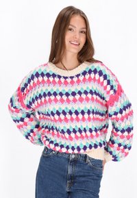 Mehrfarbiger gestrickter Pullover mit strukturiertem, dickem Design. Verfügt über pastellfarbene rosa, blaue und lila Rautenmuster. Bulky Ärmel und gerippter Kragen.