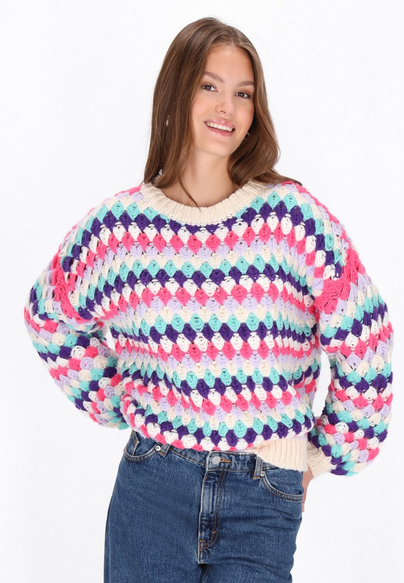 Mehrfarbiger gestrickter Pullover mit strukturiertem, dickem Design. Verfügt über pastellfarbene rosa, blaue und lila Rautenmuster. Bulky Ärmel und gerippter Kragen.