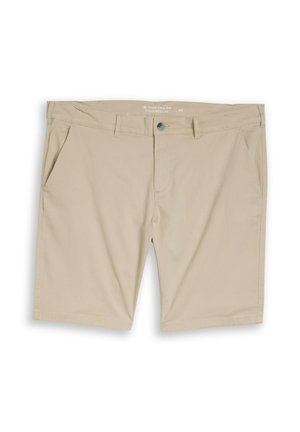 Beige knielange Herren-Shorts mit Knopf- und Reißverschluss, Gürtelschlaufen und Seitentaschen, Größe 40 Regular Fit.
