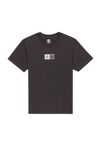 Dunkelgraues Kurzarm-T-Shirt. Mit einem zentralen Grafikdesign mit hellgrünen und braunen Quadraten, die Logos enthalten. Aus weichem Baumwollmaterial.