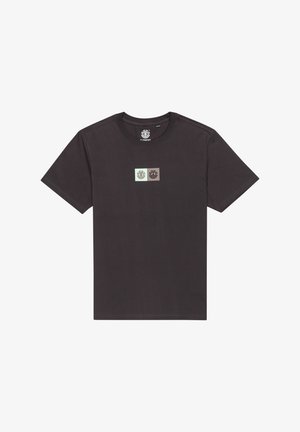 Dark grey short-sleeve t-shirt. Features a central graphic with light green and brown squares containing logos. Soft cotton material.