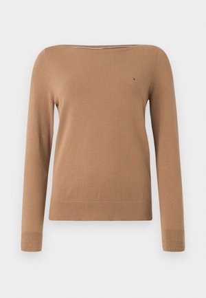 Brown long-sleeve sweater with a wide neckline, ribbed cuffs, and hem. Features a small logo detail on the chest. Smooth texture.