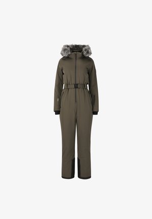 Olive green one-piece snow suit with a fur-lined hood, adjustable belt, zippered pockets, and black accents at the cuffs and hem.
