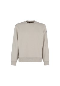 Jasno beżowy sweatshirt z długimi rękawami, ściągaczami u dołu i na rękawach, o klasycznym dekolcie, wykonany z miękkiej bawełny, z małym logo na rękawie.