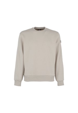 Lichtbeige sweatshirt met lange mouwen, ribbelboorden en onderrand, ontwerp met ronde hals, gemaakt van zacht katoen, met een klein logo op de mouw.