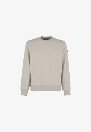 Jasno beżowy sweatshirt z długimi rękawami, ściągaczami u dołu i na rękawach, o klasycznym dekolcie, wykonany z miękkiej bawełny, z małym logo na rękawie.