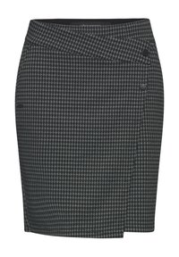 Gonna a tre quarti in bianco e nero a motivi check houndstooth, con vita aderente e dettagli a bottone sul lato. Realizzata in un tessuto testurizzato.