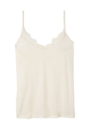 Lichtbeige cami met dunne bandjes en een kanten V-hals. Gemaakt van zacht materiaal met een gladde textuur, met een eenvoudig, aansluitend ontwerp.