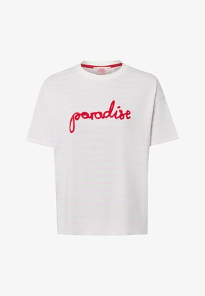 T-shirt blanc manches courtes avec le mot « paradise » brodé en rouge sur la poitrine et un petit motif de palmier à l'intérieur de l'encolure.