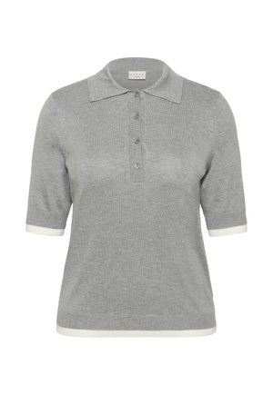 Grau gestricktes Polohemd mit kurzen Ärmeln und weißem Besatz an Ärmeln und Saum, ausgestattet mit einem Kragen und einer Vier-Knopf-Leiste.