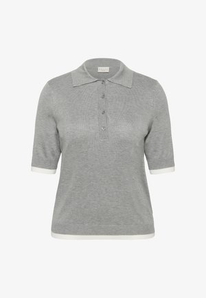 Grijze korte mouw gebreide polo met witte biezen aan mouwen en zoom, voorzien van een kraag en een knoopsluiting met vier knopen.