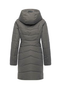 Grå vadderad jacka med huva, med ett chevronmönster, kviltad textur och rak passform, lämplig för extra värme.