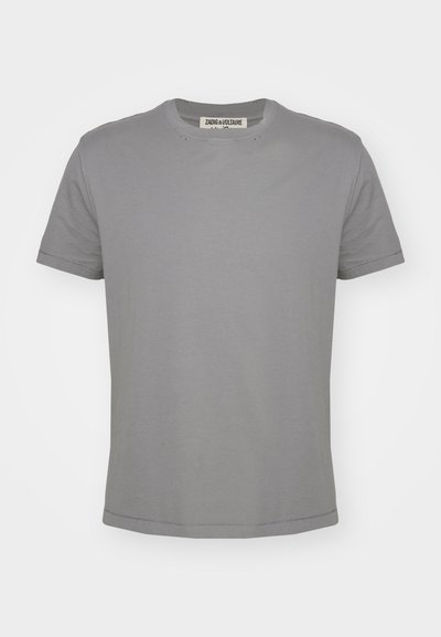 T-shirt grigio in cotone con maniche corte, collo rotondo e vestibilità rilassata. Presenta cuciture semplici e nessun motivo o grafica.