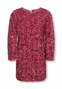Ružičasta haljina s šljokicama i dugim rukavima, okruglim izrezom i glatkom unutrašnjom podlogom. Potpuno ukrašena malim, sjajnim šljokicama za teksturirani izgled.