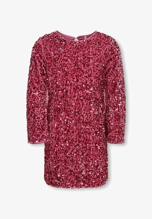 Vaaleanpunainen paljettimekko, jossa on pitkät hihat, pyöreä kaula-aukko ja sileä sisävuoraus. Täysin pienten, kiiltävien paljettien peittämä, mikä antaa tekstuuria ulkonäölle.