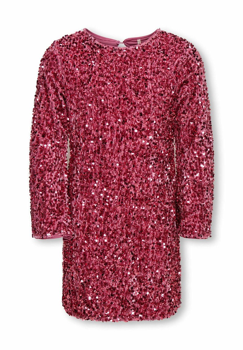 Ružičasta haljina s šljokicama i dugim rukavima, okruglim izrezom i glatkom unutrašnjom podlogom. Potpuno ukrašena malim, sjajnim šljokicama za teksturirani izgled.