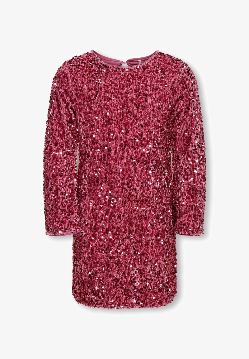 Ružičasta haljina s šljokicama i dugim rukavima, okruglim izrezom i glatkom unutrašnjom podlogom. Potpuno ukrašena malim, sjajnim šljokicama za teksturirani izgled.