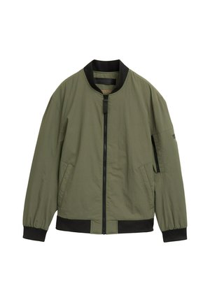 Alyvuogių žalios spalvos bombonešis, pagamintas iš lengvo audinio, su juodu apykakle ir rankogaliais, priekiniais užtrauktukais ir šoninėmis kišenėmis.