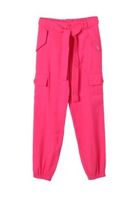 Pantaloni cargo rosa con vita regolabile, polsini elasticizzati e numerose tasche. Realizzati in tessuto leggero con una texture liscia.