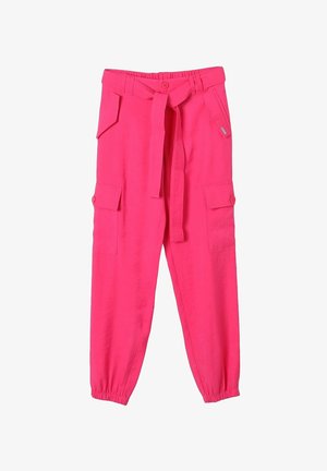 Pantaloni cargo rosa con vita regolabile, polsini elasticizzati e numerose tasche. Realizzati in tessuto leggero con una texture liscia.