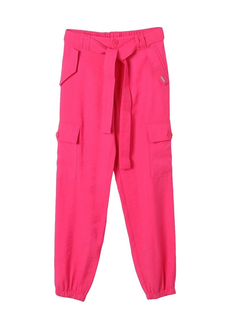 Pantaloni cargo rosa con vita regolabile, polsini elasticizzati e numerose tasche. Realizzati in tessuto leggero con una texture liscia.