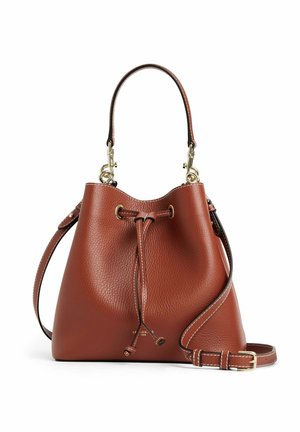 Brown leather bucket bag with a textured finish, drawstring closure, and a detachable shoulder strap. Gold-tone hardware accents.