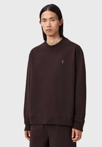 Sweatshirt castanho escuro feito de tecido suave, com um decote redondo, mangas longas e um pequeno emblema bordado no peito.