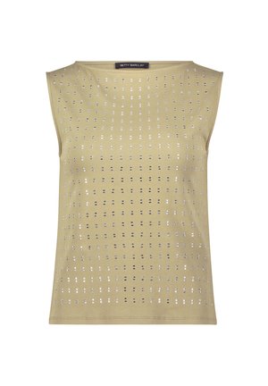 Mouwloze beige top met een ronde halslijn, voorzien van gelijkmatig verdeelde kleine reflecterende vierkante studs in een rasterpatroon.