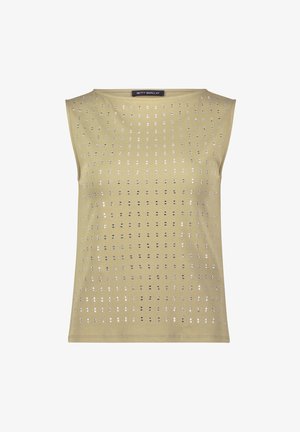 Mouwloze beige top met een ronde halslijn, voorzien van gelijkmatig verdeelde kleine reflecterende vierkante studs in een rasterpatroon.