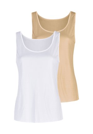 Two sleeveless tank tops, one white in front and one beige behind, displayed on a white background.