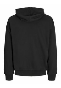 Črna jopa s kapuco z dolgimi rokavi, rebrastimi manšetami in spodnjim robom ter pritrjeno kapuco, prikazana od zadaj.