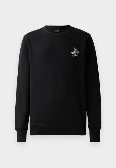 Black sweatshirt with a crew neck, long sleeves, and a small, colorful embroidered graphic of a rabbit on a skateboard. Soft fabric texture.
