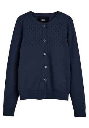 Cardigan bleu marine boutonné avec manches longues et motif ajouré subtil en haut devant et aux épaules.