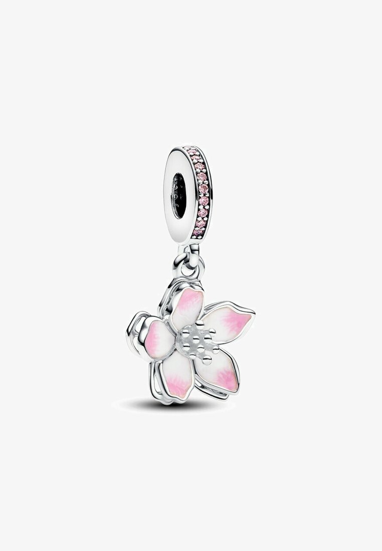 Silver flower charm with pink enamel petals and central details. Features a circular bail adorned with pink stones along the edge.