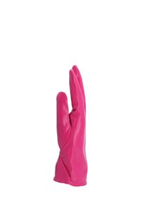 Guanto in pelle rosa brillante mostrato in posizione verticale con le dita unite su uno sfondo bianco.