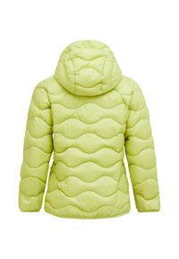 Lys grøn pufferjakke med hætte, der har et quiltet bølge mønster. Stoffet ser skinnende og glat ud, med elastiske manchetter.