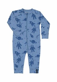 Blå babyromper med dragkedja, dekorerad med mörkblå rymdtemapryttningar inklusive astronauter, raketer, planeter och stjärnor.