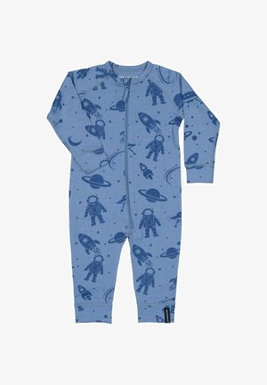 Blå baby romper med lynlås, prydet med mørkeblå rum-tema motiver, herunder astronauter, raketter, planeter og stjerner.